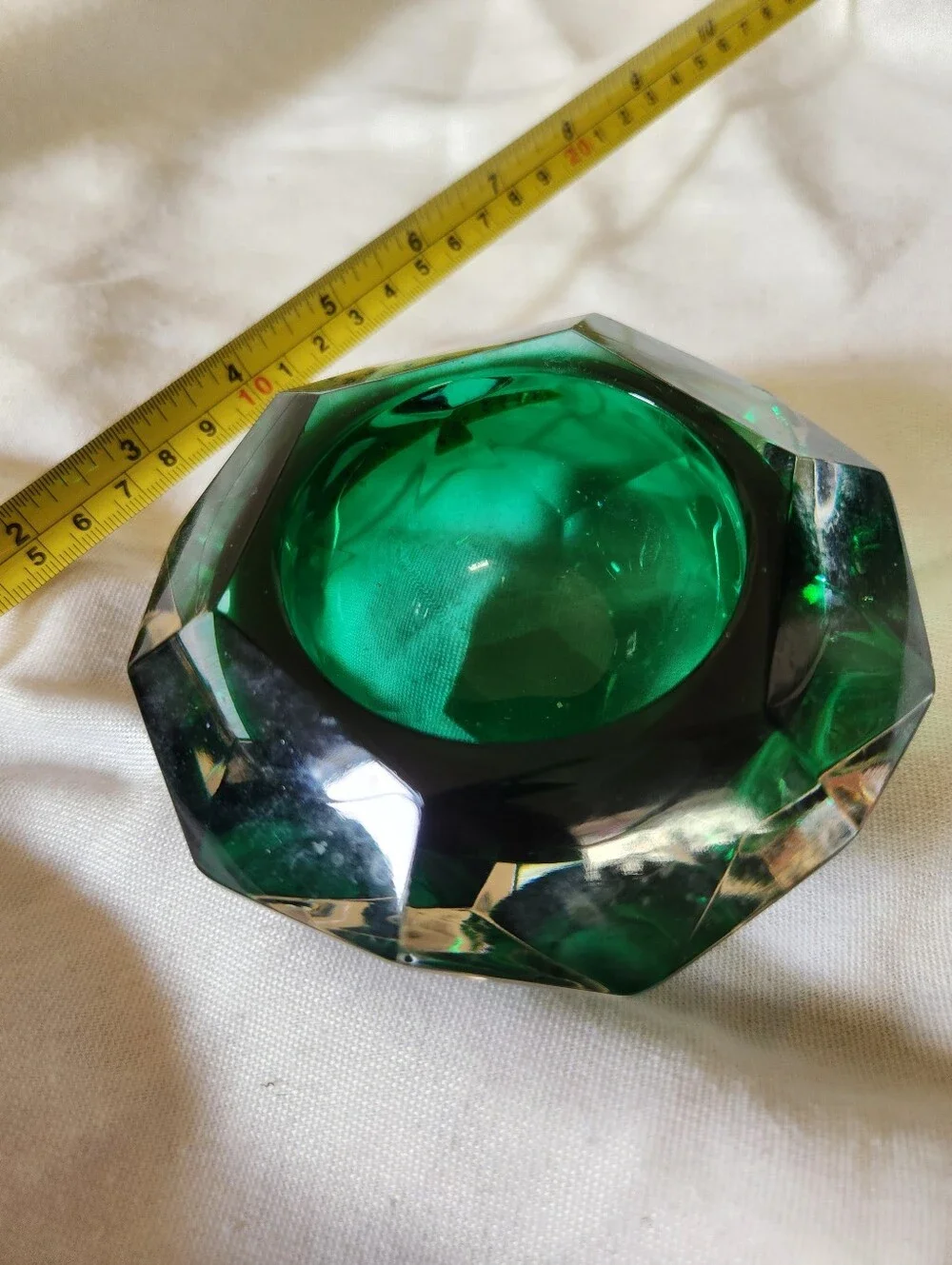 Vintage Emerald Green Faceted Glass Candle Holder Trinket Dish Gemstone Ash Tray
